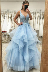 Blue Lace A-Line Ruffles Tulle Long Prom Dress, Princess Sweet 16 Dress
